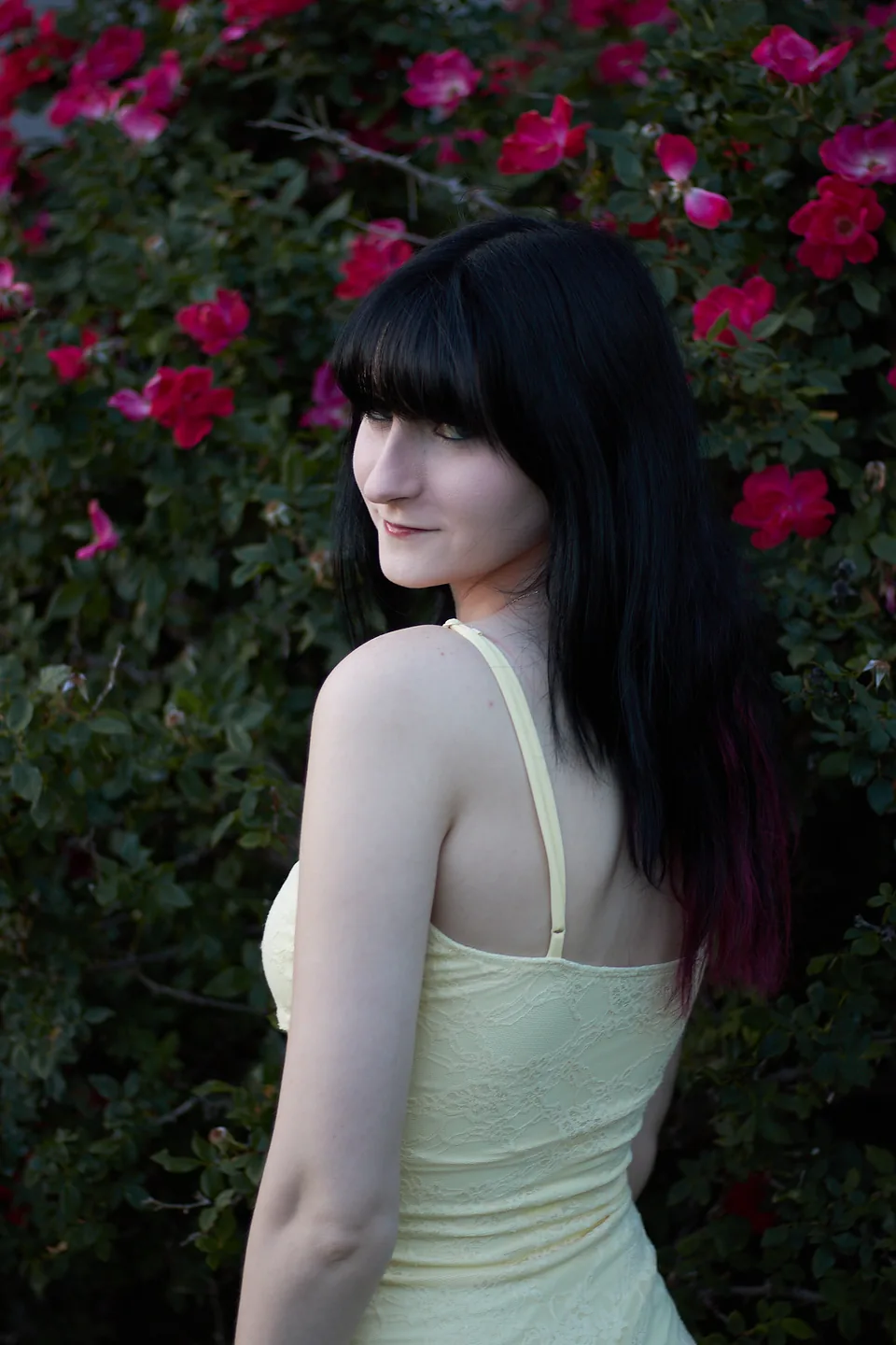 Yellow dress and roses at blue hour
