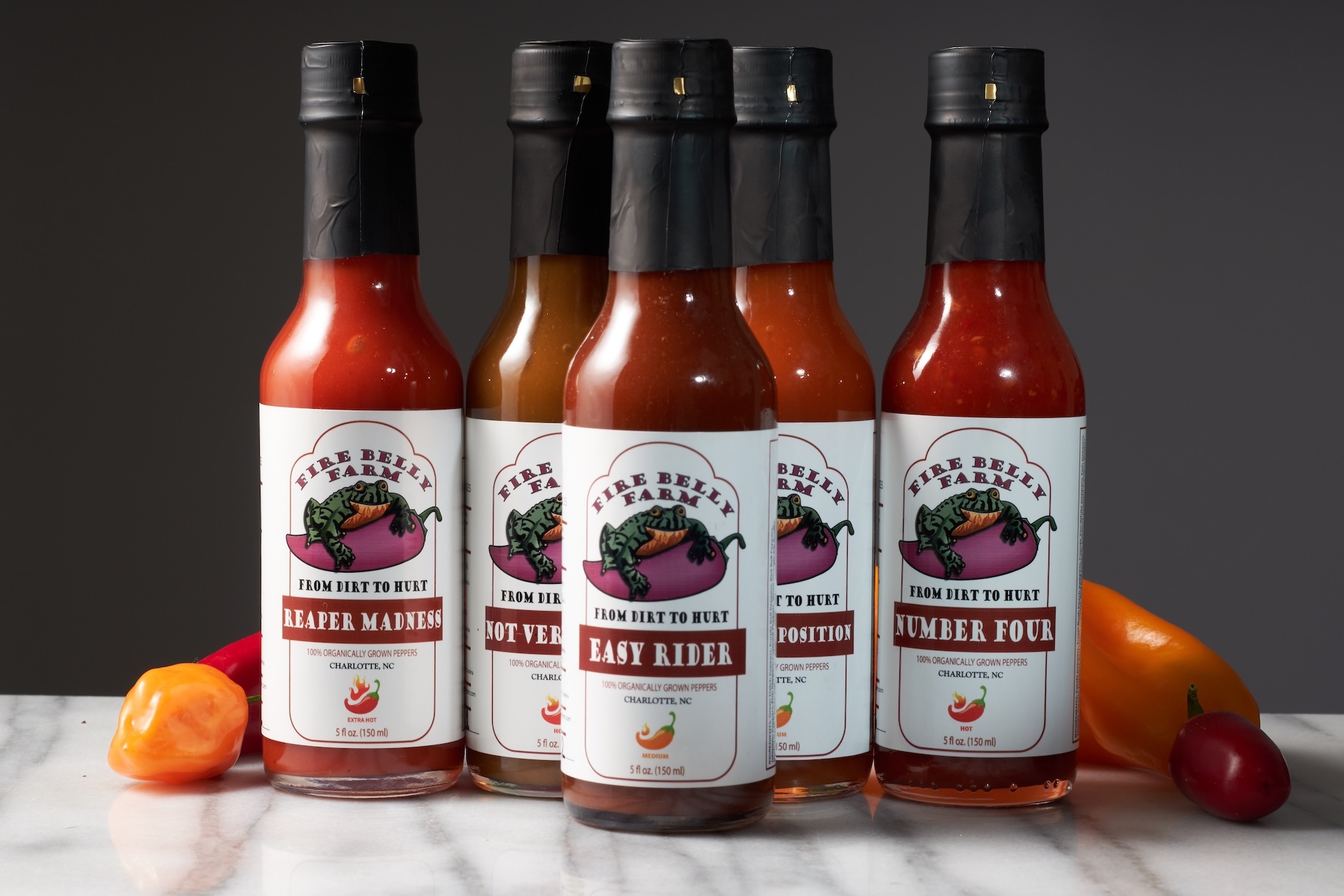 Fire Belly Farm hot sauce full product lineup